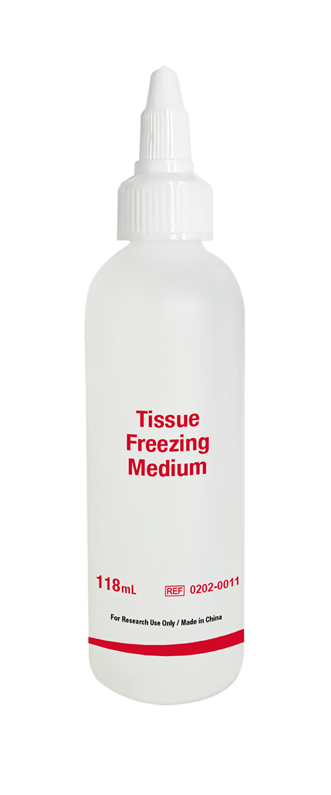 A white 118 mL bottle labeled "OCT Embedding Matrix for frozen sections," with a pointed nozzle cap and red text, ideal for preparing frozen sections or use as an embedding medium in research applications.
