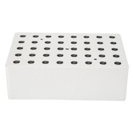 The Heating Block holds 40 x 0.5ml tubes and fits the HB120 Dry Bath, featuring multiple evenly spaced round holes on its rectangular metal top surface.