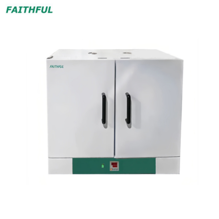 The double door drying oven, forced air to 250°C, features a white design with black handles, a digital control panel, and ensures precise temperature control and uniform heat distribution for optimal laboratory use. Branded "FAITHFUL.
