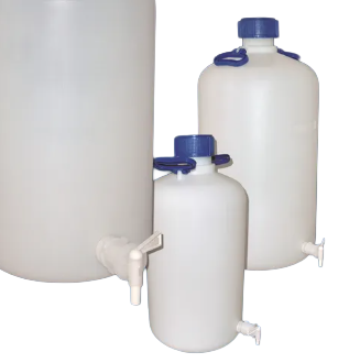 Three white plastic jugs with blue screw caps and attached spigots, placed against a plain background.