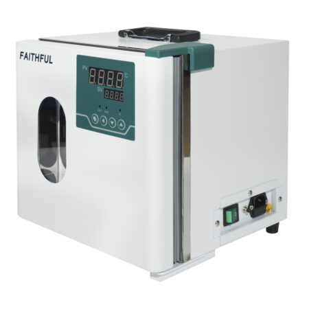 The Faithful Portable Incubator features a 12.8lt capacity, natural convection, +5–65°C range, a digital control panel, windowed door, side input/output ports, and a 12V car power option.