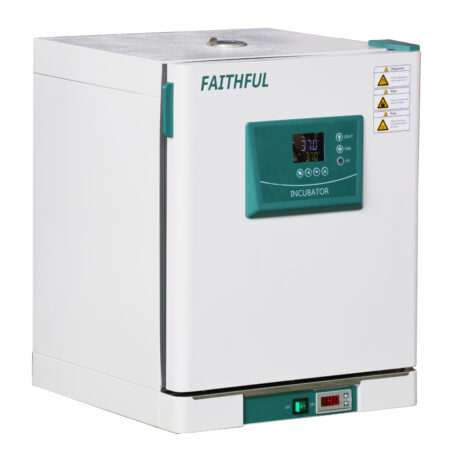The Faithful incubator (+5-70°C) offers high precision, digital controls, warning labels, and advanced breeze circulation for consistent laboratory results.