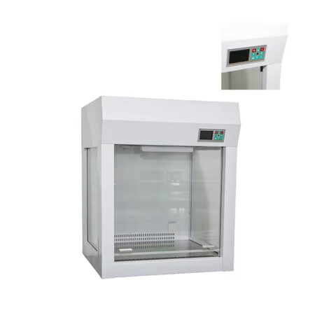 Laminar Flow Cabinet (Desktop Type) with HEPA filter, white frame, clear glass front, LCD controller panel, and ventilation grill at the base. Inset shows a close-up of the LCD control panel and remote control.
