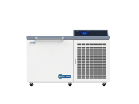 The Cryogenic Freezer -150°C, 128lt is a large white unit with a front control panel, ventilation grille, and four caster wheels—perfect for ultra-low temperature storage.