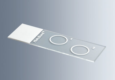The HistoBond®+ Adhesive Microscope Slide features two labeled 13mm circular wells, a white frosted end, and safe 90° ground edges.