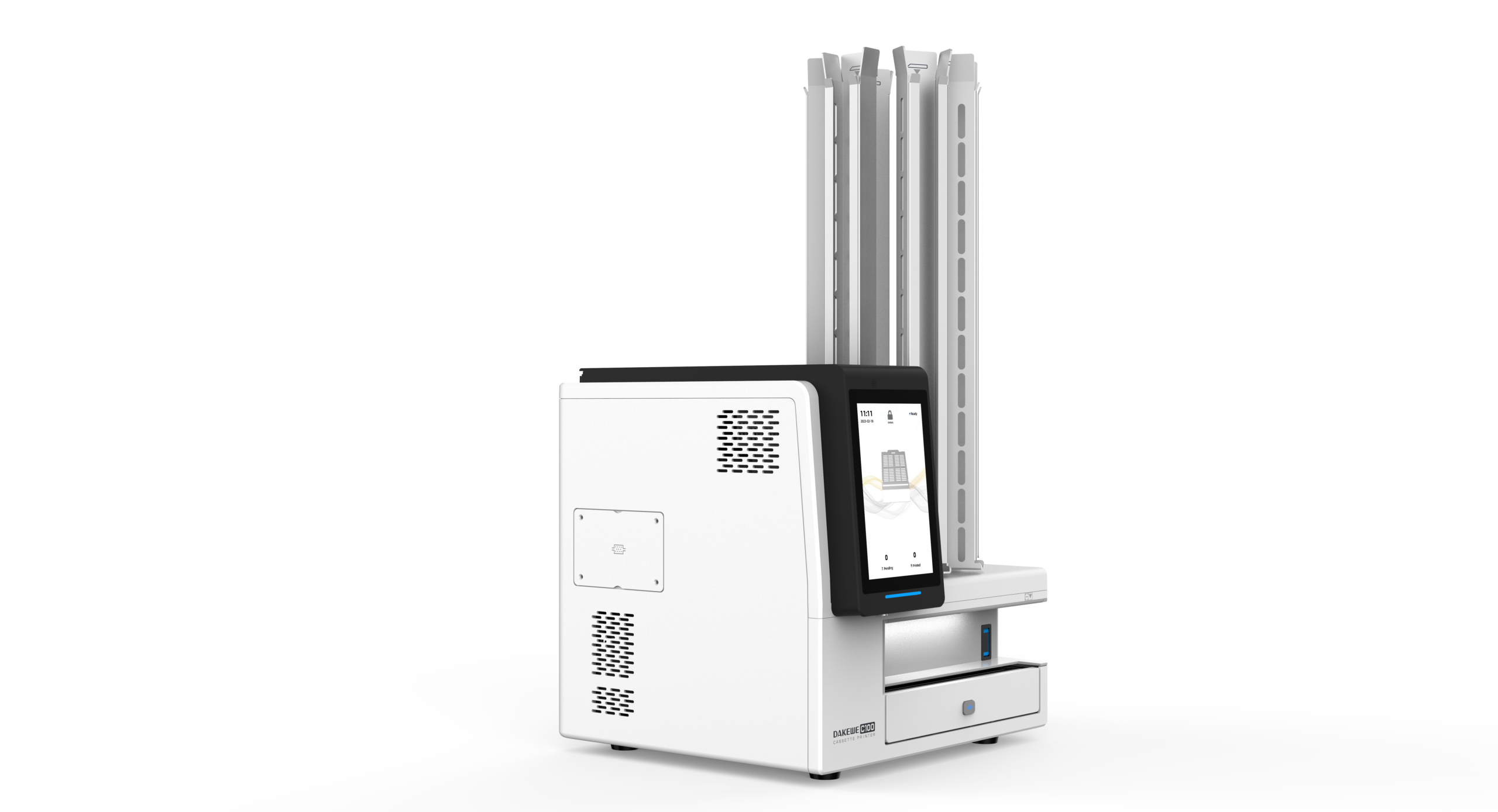 The SurePrint C100 Laser Cassette Printer with Carousel for 6 Colours^ is a white lab device featuring a touchscreen, vertical metal holders, and a vented side panel, shown against a plain white background.