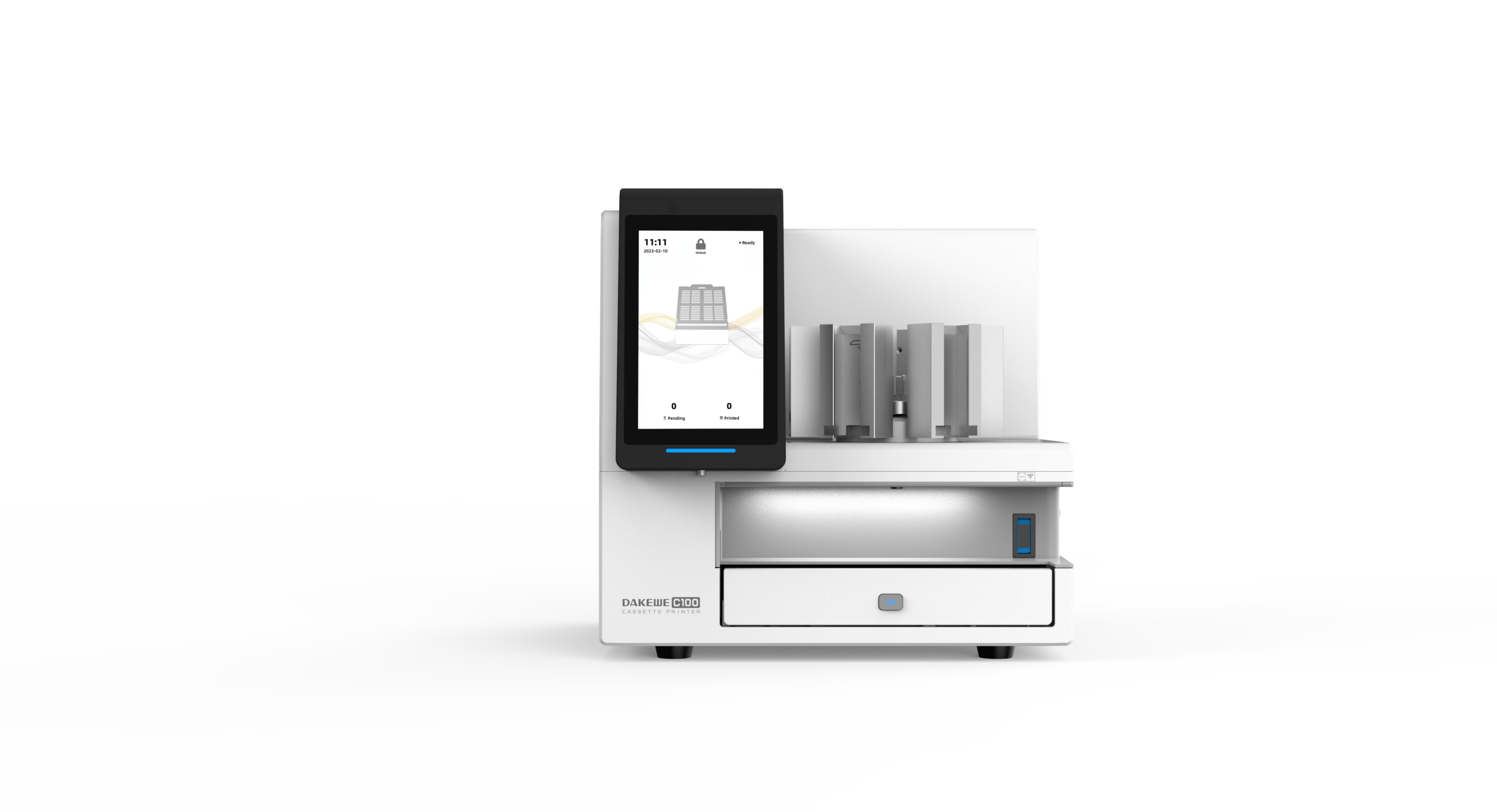 The SurePrint C100 Laser Cassette Printer with Carousel for 6 Colours^ is a white printer featuring a touchscreen digital interface, sample holders, and a bottom drawer, displayed against a plain white background.
