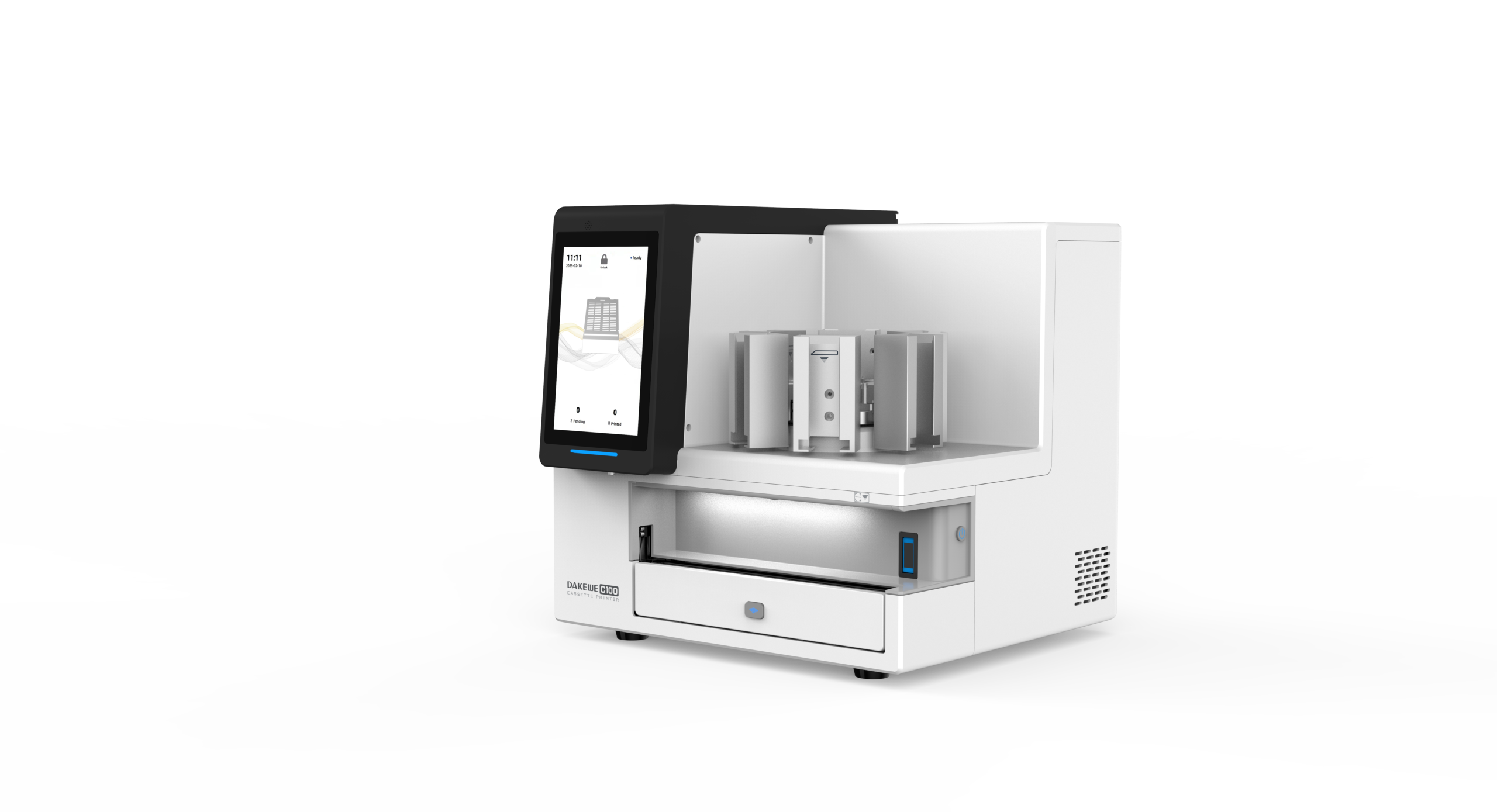 The SurePrint C100 Laser Cassette Printer with Carousel for 6 Colours^ is a lab device featuring a touchscreen, metal compartments, drawer, and automated sample processing, shown against a plain white background.