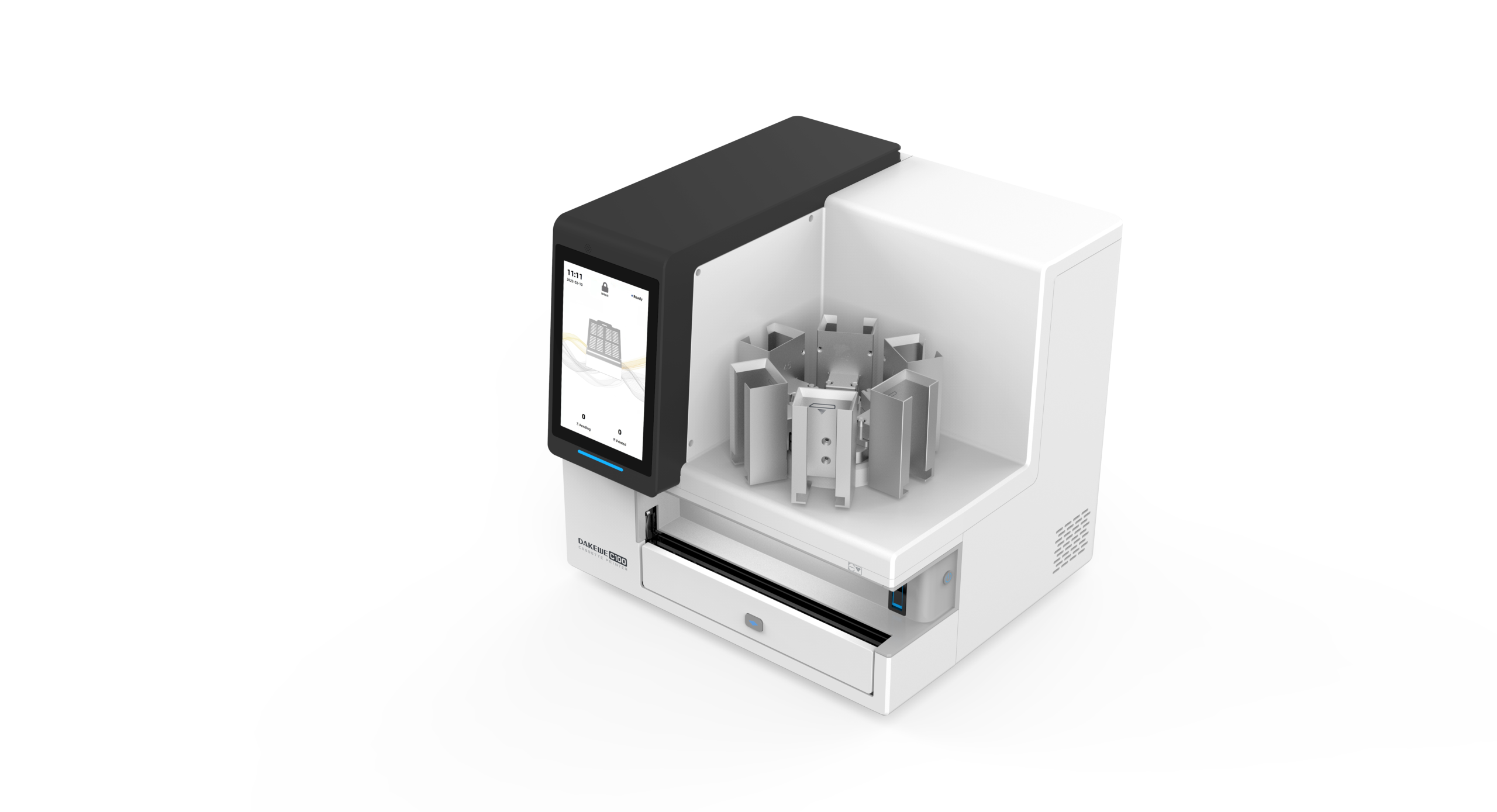 The SurePrint C100 Laser Cassette Printer features a digital touchscreen, compact white housing, and a metal carousel for 6 colours—ideal for laboratory use and shown on a plain background.