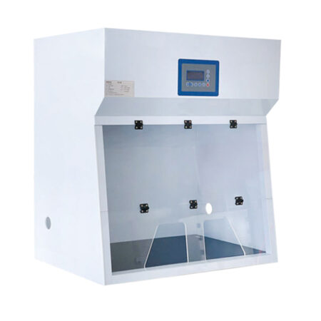 Ductless Polypropylene Fume Hood, 700x700x1100mm, features a front glass shield, digital control panel, and advanced ventilation for safe handling of hazardous substances in laboratories.