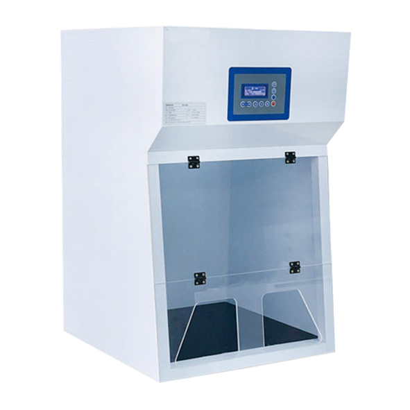 The Ductless Polypropylene Fume Hood (700x700x1100mm) has a transparent front panel, two bottom access openings, and a digital control panel on top.