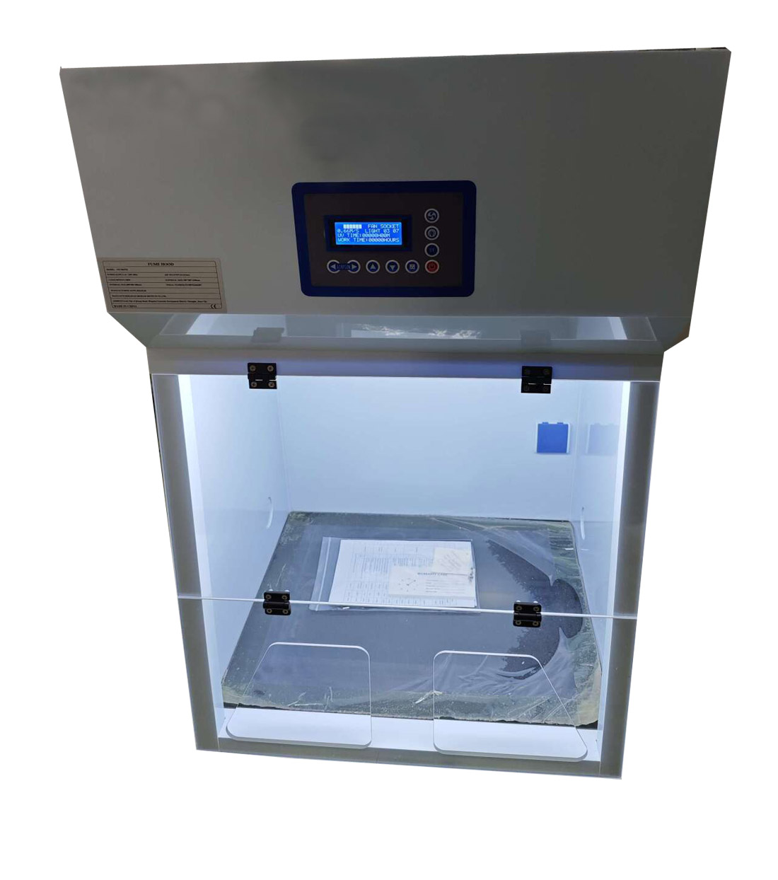 The Ductless Polypropylene Fume Hood, 700x700x1100mm, features a transparent cover and digital control panel, resembling a document scanner with a lit interior compartment displaying paper on the scanning bed.