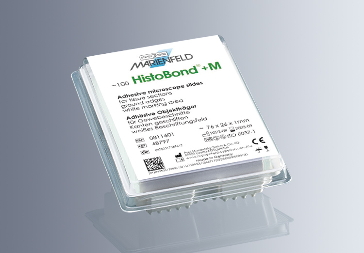 A clear plastic container labeled “HistoBond®+M Microscope Slide, White, 90° Ground Edge (20x100/Carton)” holds ground edge microscope slides for tissue sections, with product data printed on the label.