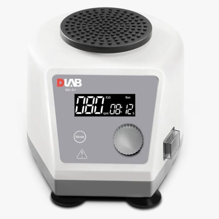 The Digital Vortex Mixer features variable speed control (100–3000rpm), an LCD display, a VT2.2 flat rubber sleeve, and a round black mixing platform within a sleek white casing.