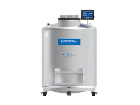 The -196°C Liquid Nitrogen Cryopreservation System, Biobank Series, 1000lt, is a large stainless steel tank with a top control panel and "Megsteman Scientific" label, ideal for biobank liquid nitrogen storage and cryopreservation.