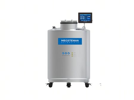 The -196°C Liquid Nitrogen Cryopreservation System, Biobank Series, 350lt features a large silver storage tank on wheels with a digital display and "MEGSTEMAN Scientific" label—ideal for cryopreservation needs.