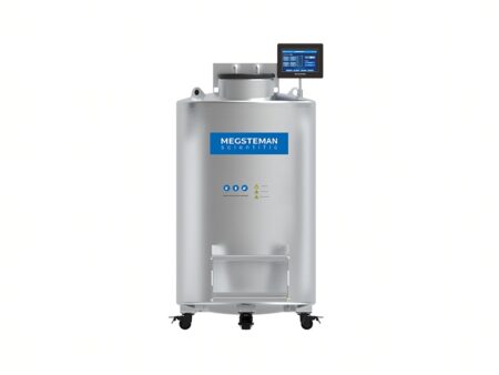 The -196°C Liquid Nitrogen Cryopreservation System, Biobank Series, 445lt, features a stainless steel tank with digital display and casters for easy mobility, ideal for cryopreservation needs.