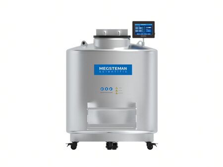 The -196°C Liquid Nitrogen Cryopreservation System, Biobank Series, 605lt features a stainless steel tank with digital controls and wheels for easy mobility—ideal for biobank storage and labeled "Megsteman Scientific.