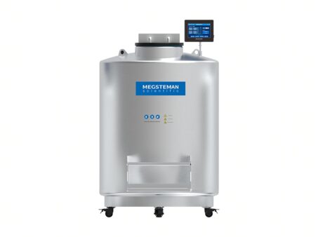 The -196°C Liquid Nitrogen Cryopreservation System, Biobank Series, 802lt, is a stainless steel storage tank on wheels with a blue "Megsteman Scientific" label and top-right control panel, ideal for biobank and cryopreservation applications.