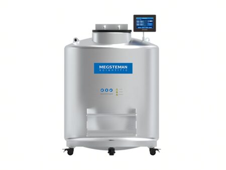 The -196°C Liquid Nitrogen Cryopreservation System, Biobank Series, 857lt, is a large stainless steel storage tank with a digital control panel and "Megsteman Scientific" branding, perfect for cryopreservation needs.