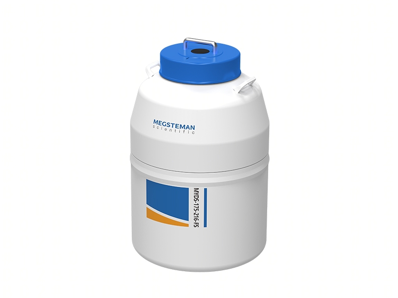 The Small Vapor Phase Tank LN2, 175lt, Lockable is a white and blue scientific container with a handle and label, designed for storing or transporting liquid nitrogen or various scientific materials in vapor phase.
