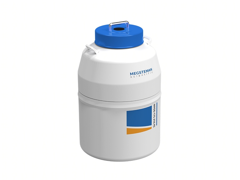 A Small Vapor Phase Tank LN2, 175lt, Lockable, by Megsterman Scientific, white with a blue lid and handle and a colored label on the side.