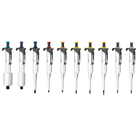 A row of ten fully autoclavable single channel colour pipettes, each with a different colored button, arranged side by side on a white background.