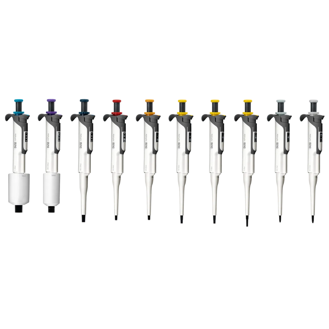 A row of ten fully autoclavable single channel colour pipettes, each with a different colored button, arranged side by side on a white background.