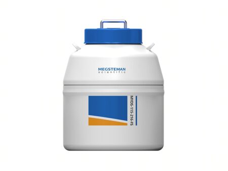 A white 115lt Small Vapor Phase Tank LN2 with blue and orange labeling, blue lockable lid, and "MEGSTEMAN Scientific" branding on the front.