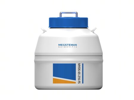 Small Vapor Phase Tank LN2, 65lt, Lockable, white and blue storage container labeled "MEGSTEMAN scientific," model MVD-56-216-FS.