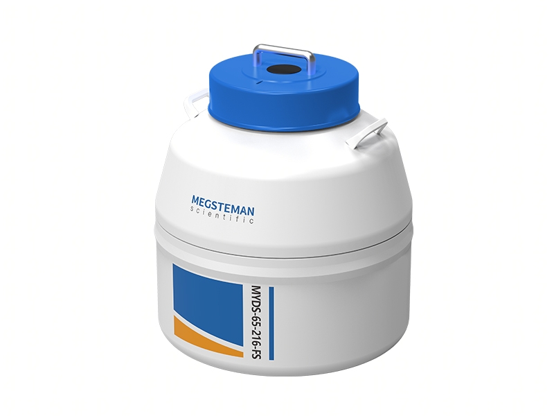 A lockable Small Vapor Phase Tank LN2, 65lt, in white and blue with a handle and label, branded "MEGSTEMAN scientific," designed for laboratory or storage use.