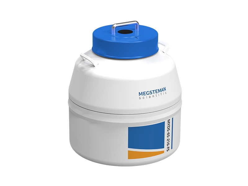 The Small Vapor Phase Tank LN2, 65lt, Lockable is a white and blue tank with handles and a secure lid from Mecsteman Scientific, designed for safe liquid nitrogen storage.