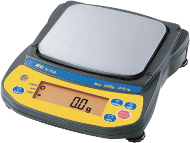 A digital weighing scale with a stainless steel platform and an orange-yellow display screen showing a reading of 0.0 grams.