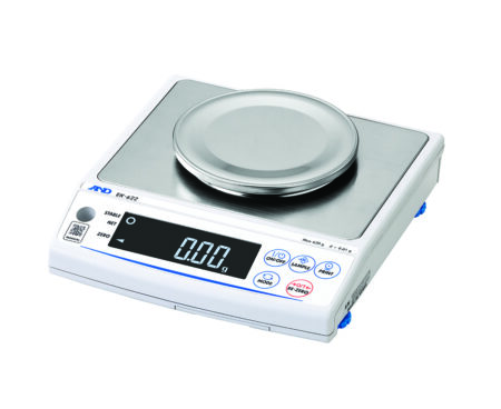 Digital laboratory scale with a stainless steel weighing platform and an LCD display showing 0.00 grams.