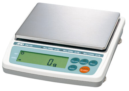 A digital laboratory weighing scale with a stainless steel platform, showing a reading of 0 grams on its display.