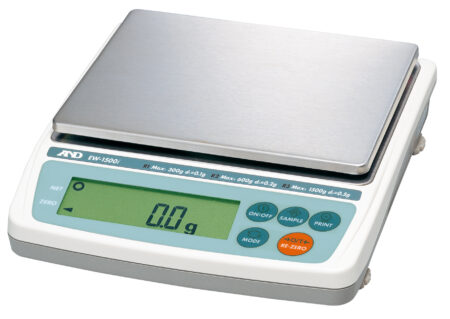 Digital laboratory weighing scale displaying 0.0 grams on its screen, with various function buttons visible below the platform.