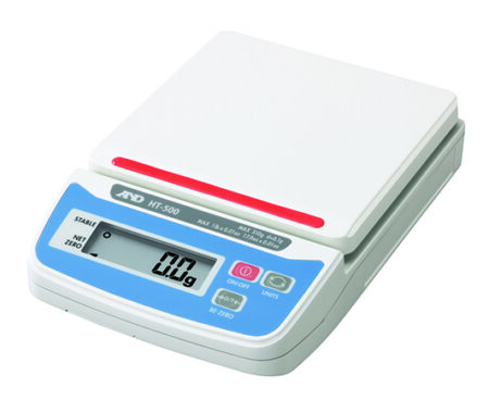 Digital laboratory scale with a flat weighing platform, display screen showing 0.0g, and control buttons labeled ON/OFF, UNITS, and RE-ZERO.