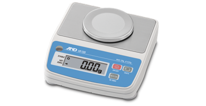 A digital laboratory weighing scale with an LCD display showing 0.00 grams, control buttons, and a circular weighing platform.