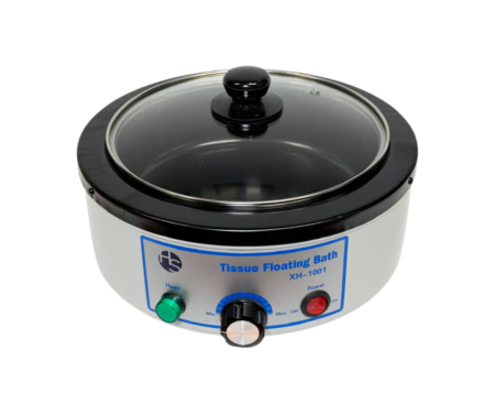 The Tissue Flotation Bath Circular (21cm x 5.7cm deep, 30–75°C) features a removable glass lid and a 2.3lt volume, labeled "Tissue Floating Bath XH-1001" on the front panel.