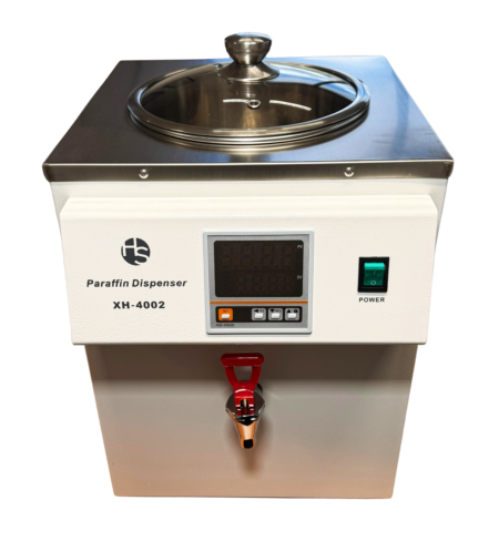 Paraffin Dispenser with drip free faucet, 9lt capacity, temperature range 0-85°C, featuring a glass lid and digital controls for precise operation.