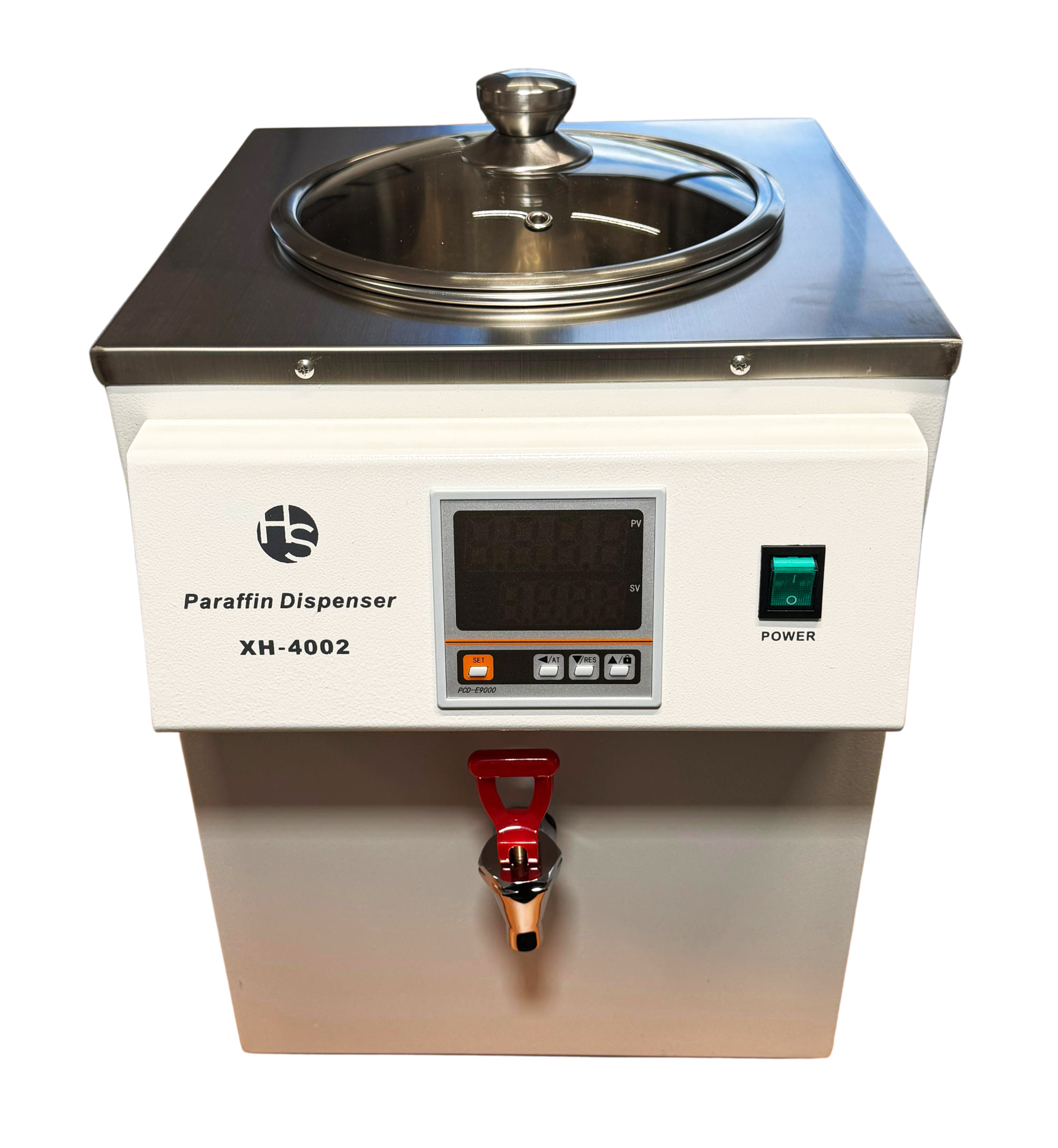 Paraffin Dispenser with drip free faucet, 9lt capacity, temperature range 0-85°C, featuring a glass lid and digital controls for precise operation.