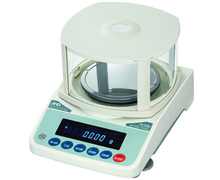 Digital analytical balance with a transparent draft shield and a blue LED display showing a reading of 0.000 grams.