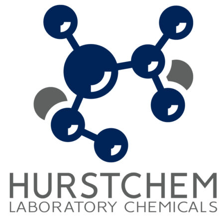 Logo for Hurstchem Laboratory Chemicals featuring a stylized dark blue molecular structure symbolizing phosphate buffered saline ph74, placed above the company name in gray capital letters.