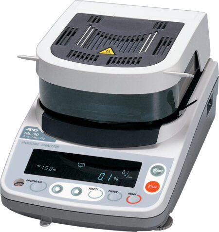 A laboratory moisture analyzer with digital display, control buttons, and a heated drying chamber for measuring sample moisture content.