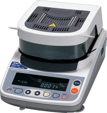 A digital moisture analyzer with a display screen, control buttons, and a heating element on top, used for measuring moisture content in samples.