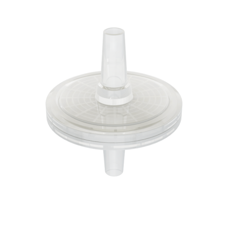 A transparent, round plastic disc filter with a nozzle on top and bottom, isolated on a white background.