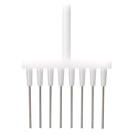 A white plastic handle with eight evenly spaced metal prongs extending downward, resembling an onion holder or food slicing aid, on a plain background.