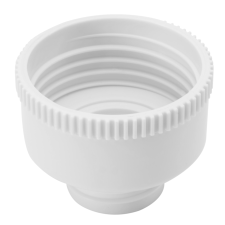 White plastic threaded adapter with a ridged outer edge, designed for connecting or securing two components together.