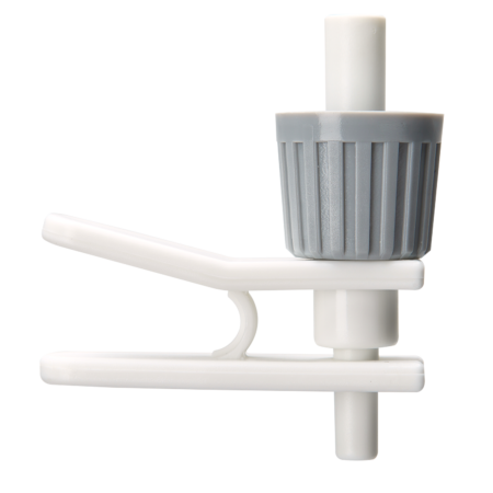 A white and gray plastic clamp with a ribbed, cylindrical knob and two lever-like arms, photographed against a plain white background.