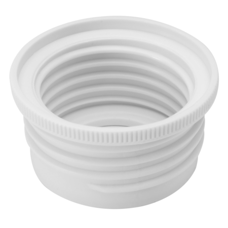 White plastic threaded adapter or connector ring with a ridged exterior and a circular opening, shown against a plain background.